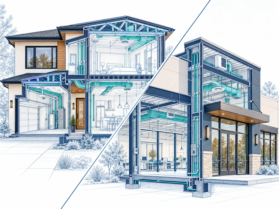 Conceptual diagonal split of a residential home and commercial property showing schematic framing and building systems